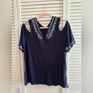 Adrianna Papell Medium Navy Open Shoulder top with white Embroidery